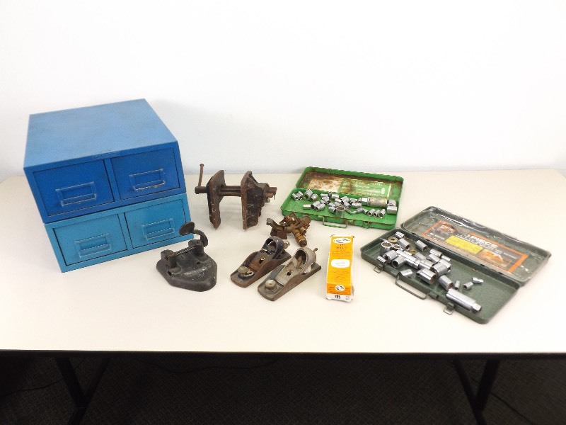 lot 7 image: Lot of Vintage, Tools, Iron Vise, Sockets, Steel Drawers, etc.