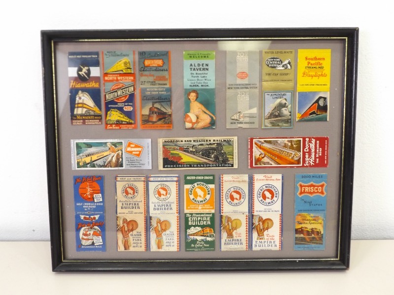 lot 21 image: VERY Cool Framed Mosaic of Vintage Railroad R.R. Matchbook Covers