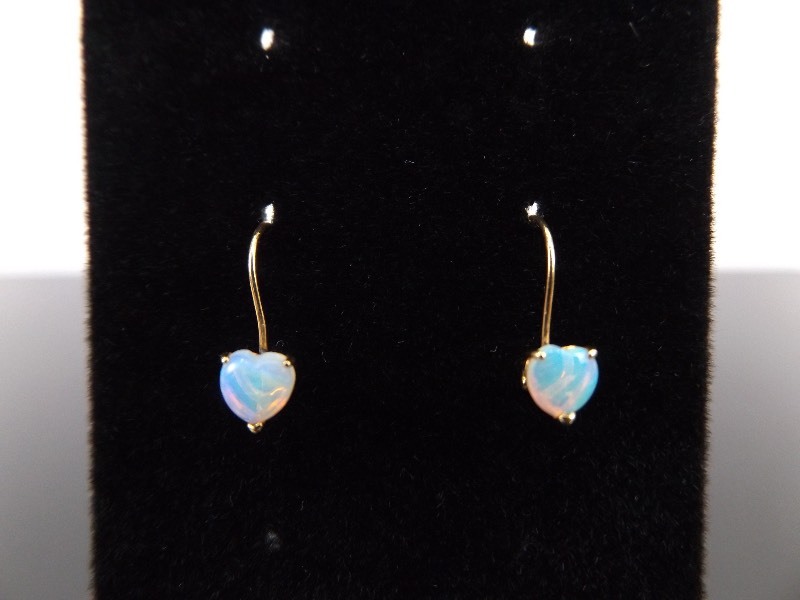 lot 61 image: 10k Yellow Gold Opal Heart Hook Clasp Earrings