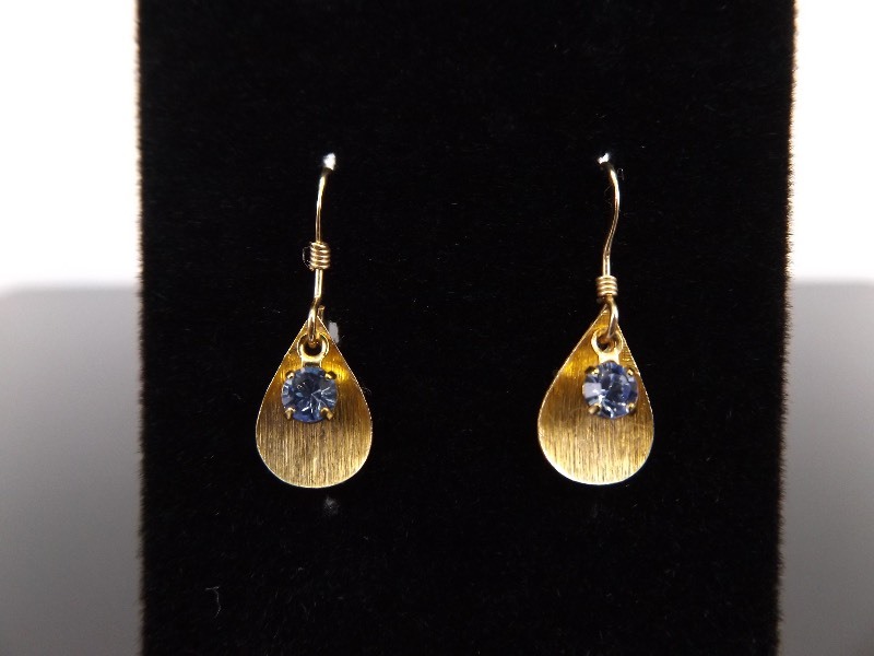 lot 62 image: 14k Yellow Gold Blue Crystal Hook Dangle Earrings