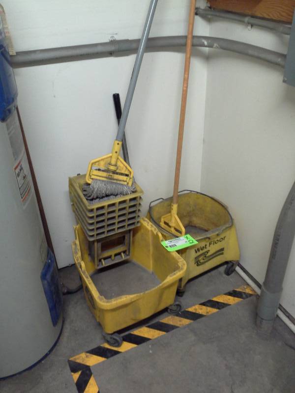 lot 88 image: Lot of (2) Rolling Mop Buckets with Mops, 1-Squeegee