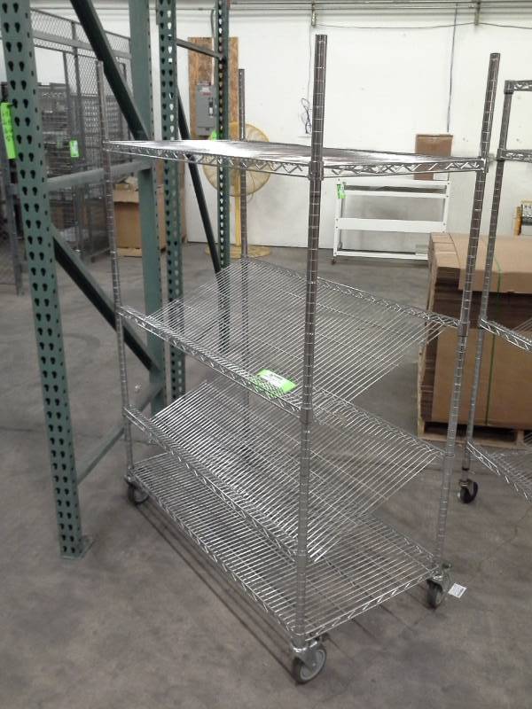 lot 121 image: Uline NSF Rolling Metal Wire Rack Shelving Unit with 2-Sloped Shelves, 2-Flat Shelves