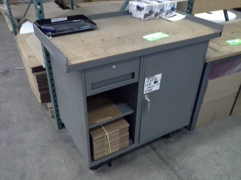 lot 124 image: Rolling Metal Work Table with Locking Drawer, Storage Door, 2-Shelves