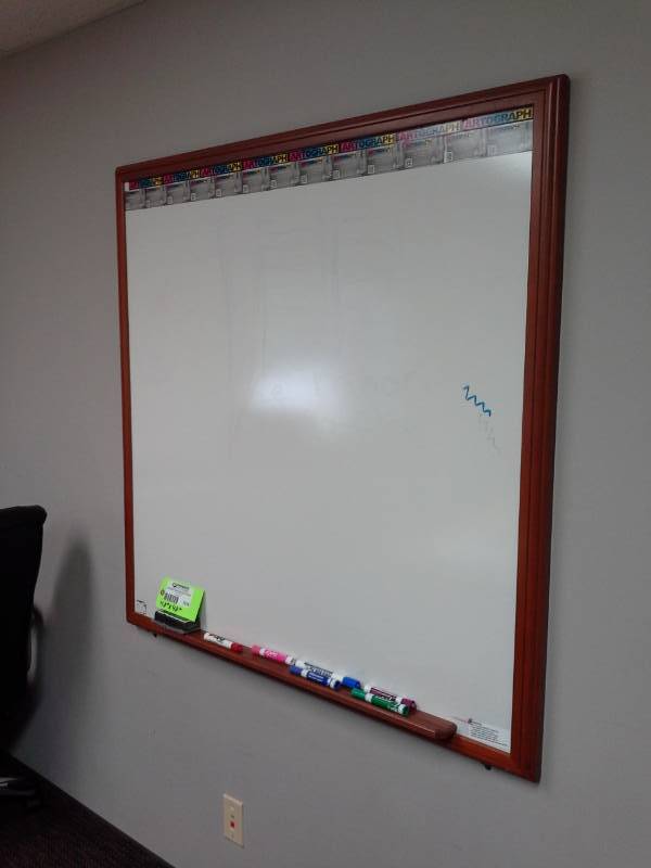 lot 1014 image: Wood Framed Dry Erase Board with Tray, Markers, Eraser