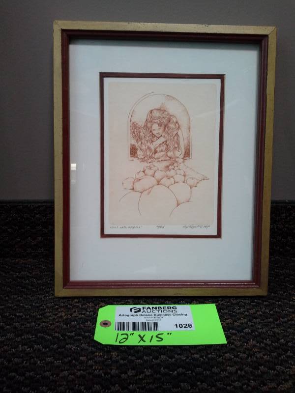 lot 1026 image: 1979 Girl with Apples by Floyd Gibson Signed Framed Matted Wall Art