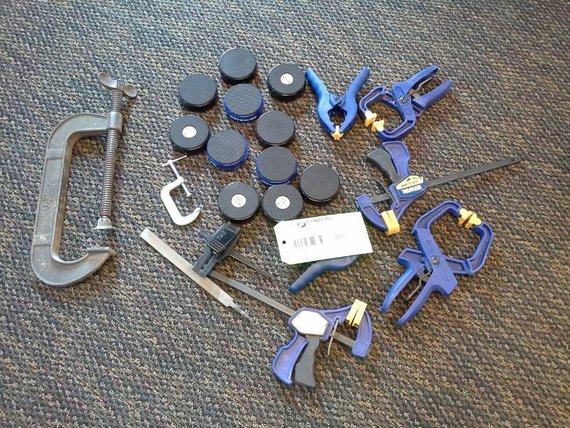 lot 2073 image: Rockler Bench Cookies, Nylon Spring Hand Clamps, Metal File, C-Clamps