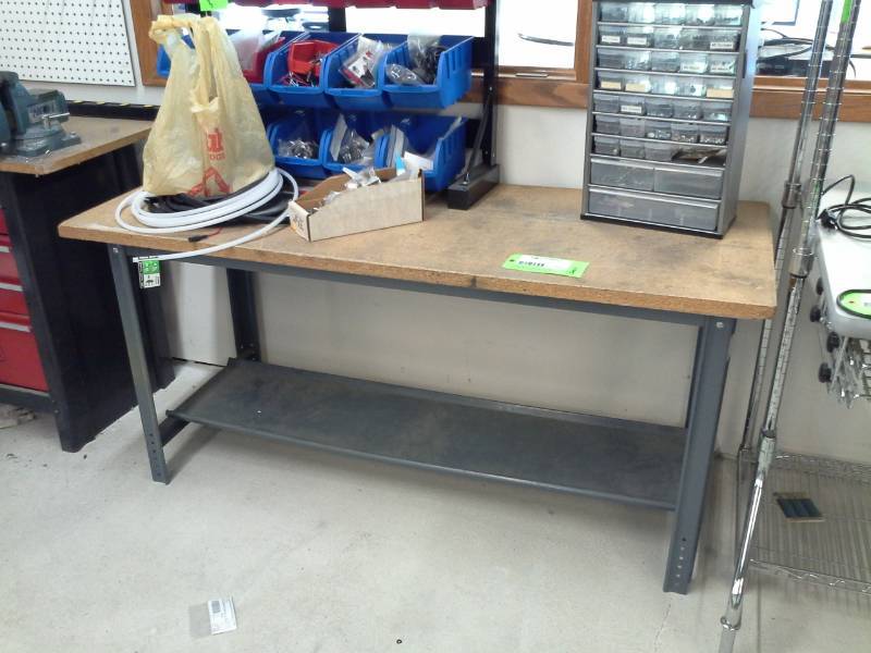 lot 2087 image: Wood Top Metal Shop Table with Shelf