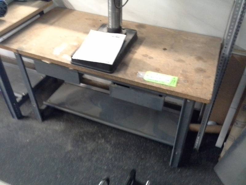 lot 2106 image: Wood Top Metal Shop Table, Belt Sandpaper, Brackets, Misc. hardware