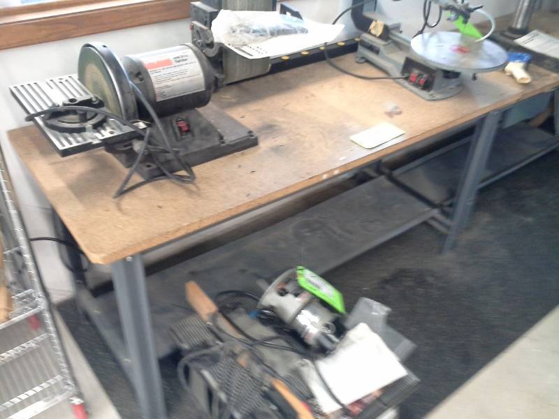 lot 2130 image: Wood Top Metal Shop Table