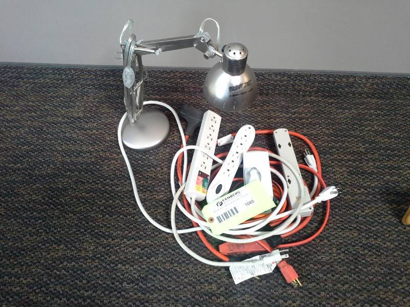 lot 1080 image: Desk Lamp, Power Strips, Extension Cord
