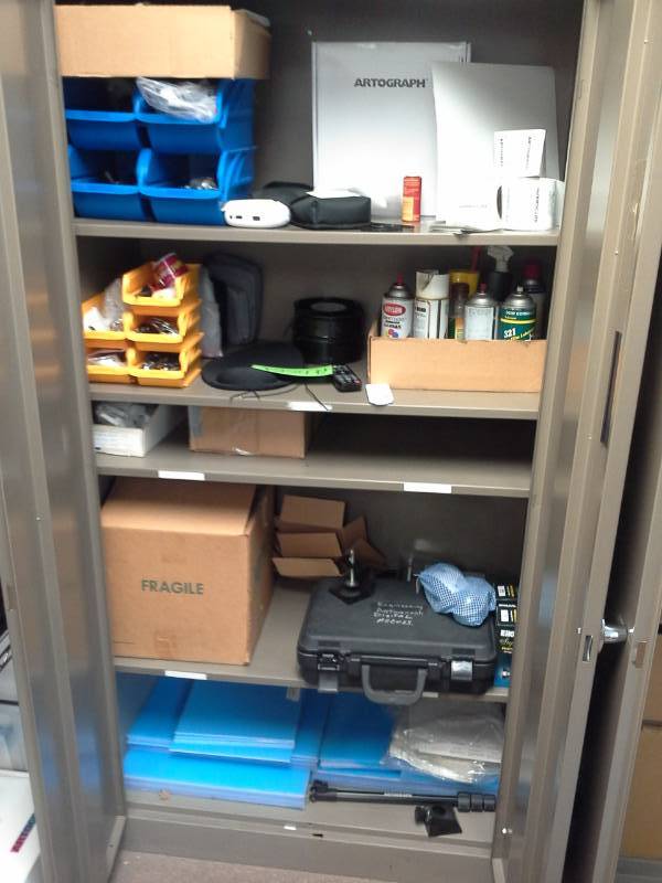 lot 1234 image: Plastic Parts Organizer Bins, Artograph Labels, Spray Paint, and more
