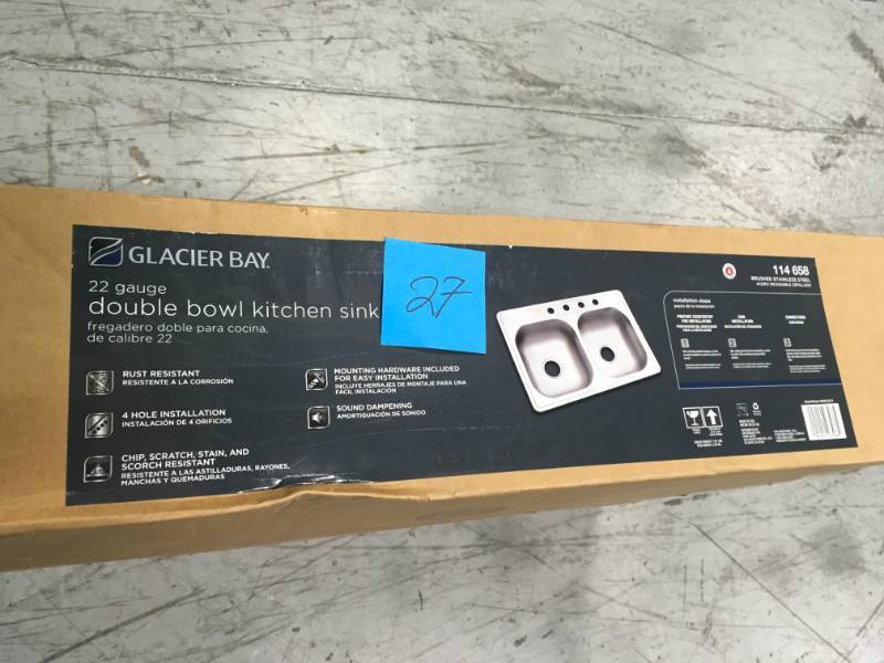 lot 27 image: Glacier Bay Drop-In Stainless Steel 33 in. 4-Hole Double Bowl Kitchen Sink  in good condition