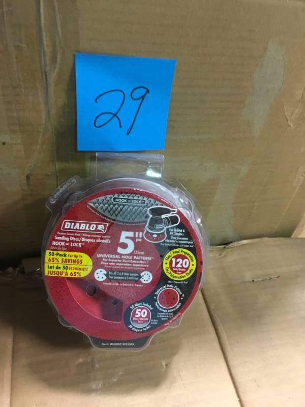 lot 29 image: Diablo 5 in. 120-Grit Universal Hole Random Orbital Sanding Disc with Hook and Lock Backing (50-Pack)  in good condition
