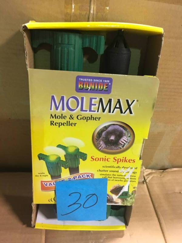 lot 30 image: Bonide Molemax 2 Pack Battery Mole and Gopher Repeller Sonic Spikes  in good condition