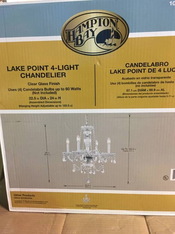 lot 34 image: Hampton Bay Lake Point 4-Light Chrome and Clear Crystal Chandelier not used
