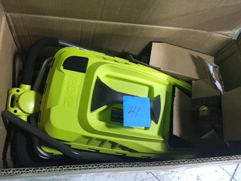 lot 41 image: RYOBI 13 in. ONE 18-Volt Lithium-Ion Cordless Battery Walk Behind Push Lawn Mower with 4.0 Ah BatteryCharger Included  in good condition