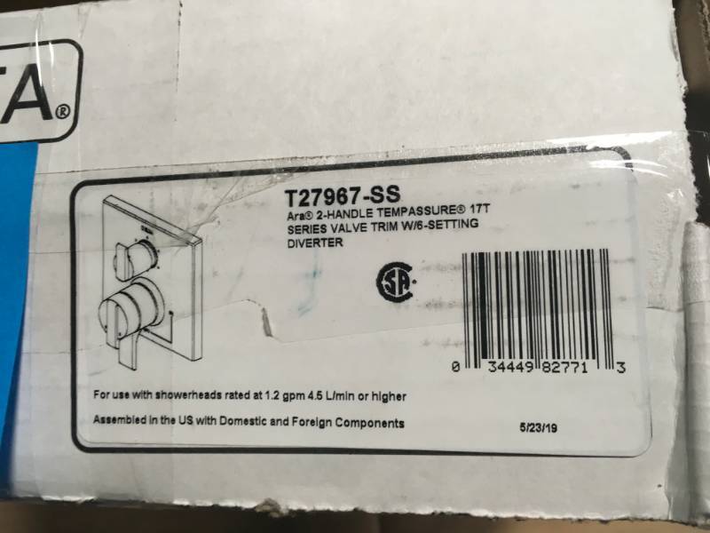 lot 49 image: Delta Ara Modern 2-Handle Wall-Mount Valve Trim Kit with 6-Setting Integrated Diverter in Stainless not used open box