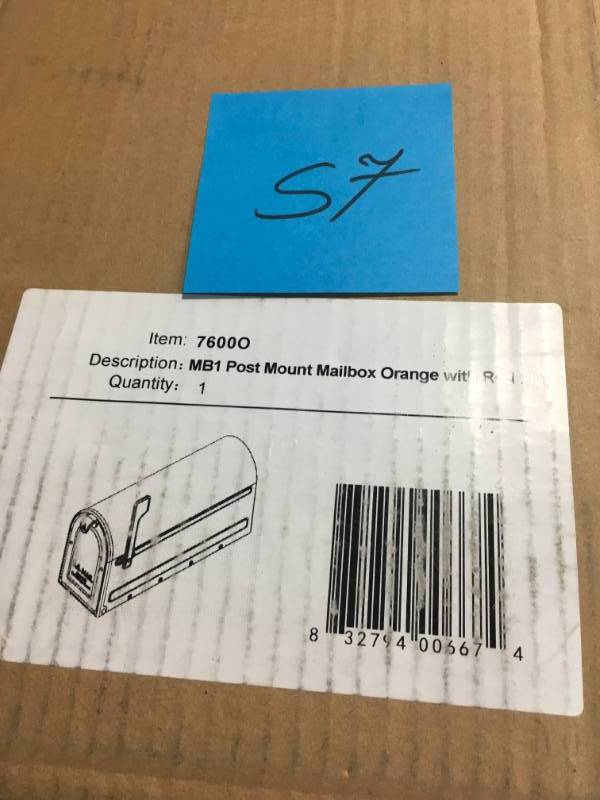 lot 57 image: Architectural Mailboxes MB1 Post Mount Mailbox Orange with Red Flag  in good condition