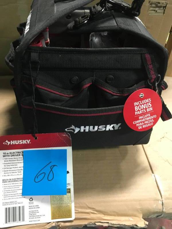 lot 68 image: Husky 10 in. Electrician Tool Bag with Driver Wall  in good condition