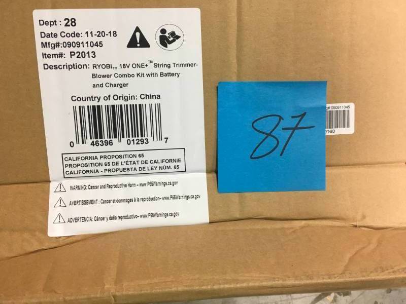 lot 87 image: RYOBI ONE 18-Volt Lithium-Ion String TrimmerEdger and BlowerSweeper Combo Kit - 2.6Ah Battery and Charger Included  in good condition