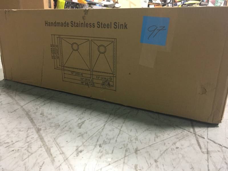 lot 97 image: Farmhouse Apron Front Stainless Steel 36 in. Double Bowl Kitchen Sink Kit with Grid and Strainer  in good condition