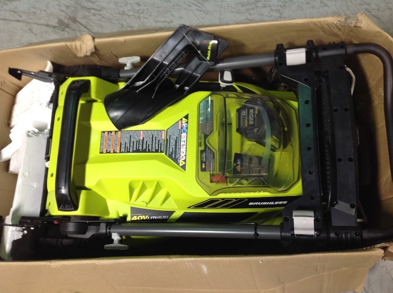 lot 107 image: RYOBI 20 in. 40-Volt Brushless Lithium-Ion Cordless Battery Walk Behind Push Lawn Mower 5.0 Ah BatteryCharger Included in good conditions