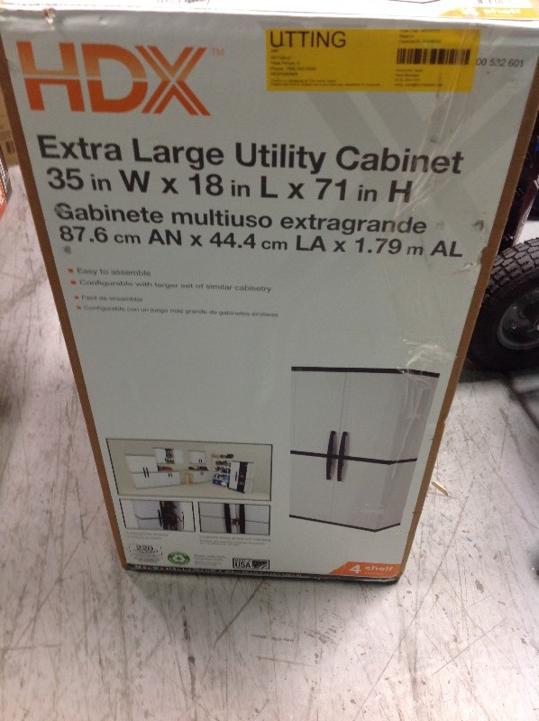 lot 111 image: HDX 35 in. W 4 Shelf Plastic Multi-Purpose Cabinet in Gray in good conditions