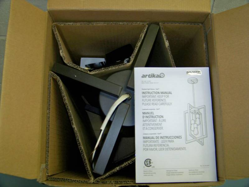 lot 7 image: Artika, Yale, Chandelier  Pendant Light Fixture in Bronze Finish - appears to be NEW  NEVER INSTALLED in Original, Open Box
