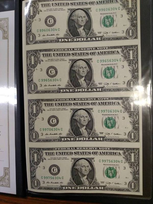 Uncut Sheet of (4) 2009 One Dollar ...