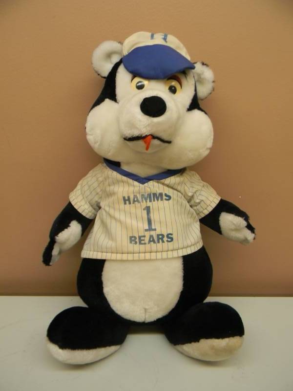 lot 28 image: Vintage Hamms Beer Stuffed Plush Bear - Baseball Jersey Hat 20 Tall - VERY COOL PIECE - SEE PICTURES