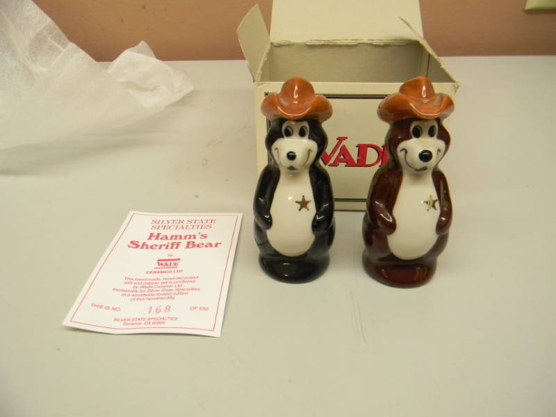 lot 31 image: RARE HAMMS BEER SHERIFF BEAR - SALT & PEPPER SHAKERS BY WADE ENGLAND - LIMITED EDITION 168 OF 550 - IN BOX - SEE PICTURES