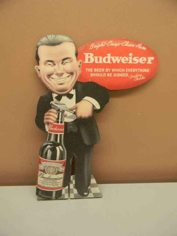 lot 49 image: VINTAGE BUDWEISER SMILING CHARLIE 2 SIDED ADVERTISING SIGN - AWESOME PIECE - APPROX 16 - SEE PICTURES
