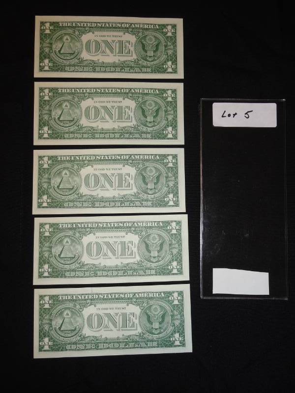 Rare Five Consecutive and Uncirculated Silver Certificate 1957B US $1 Bills SN V72041551A - V72042555A