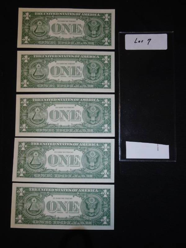 Rare Five Consecutive and Uncirculated 1963 US $1 Bills SN I00464096A - I00464100A