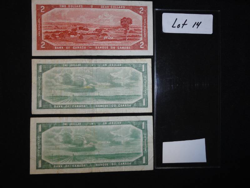 Three 1954 Canada $2 & $1 Bills SN EB0912150, AN9113580, WA7289199