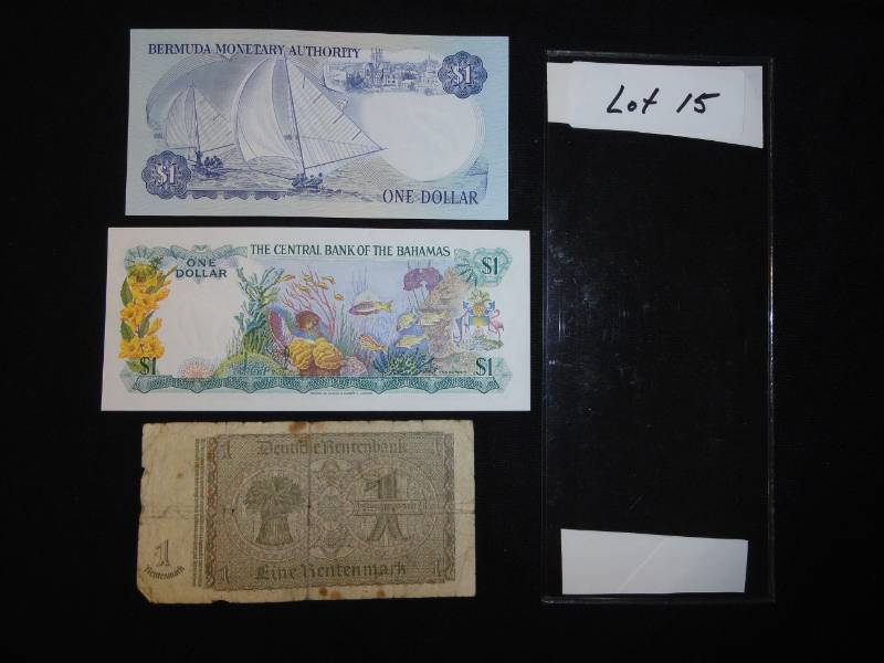 1982 Bermuda $1 Bill, 1974 Bahamas $1Bill, Pre-WWII 1937 Germany 1 Mark SN A6 627924, VI 410270, H92167492
