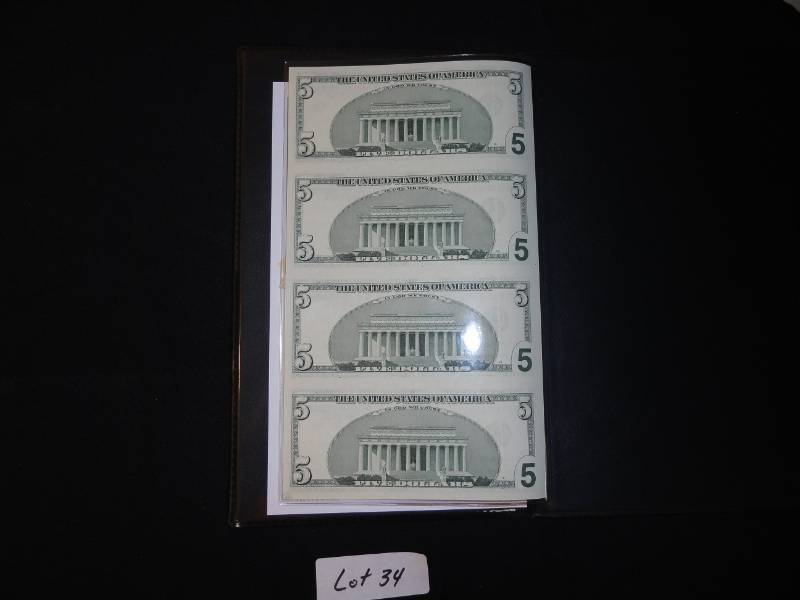 2006 US Government Uncut Sheets of $5 Bills SN HF 99978423A - A $20 Value at Least