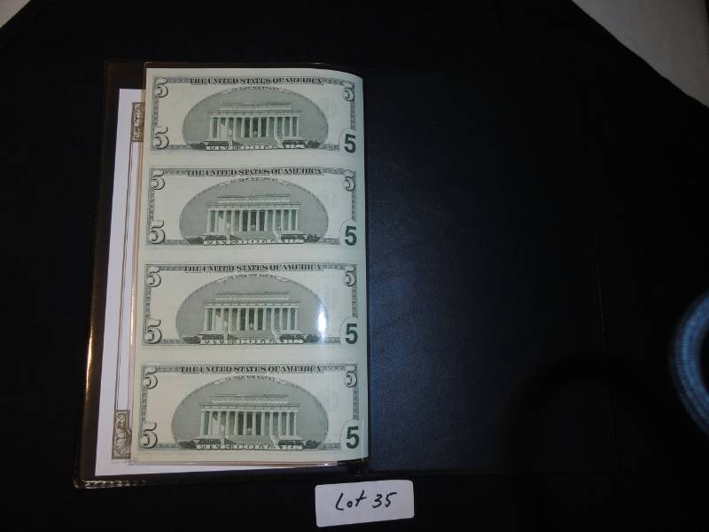 2006 US Government Uncut Sheets of $5 Bills SN HF 99978424A - A $20 Value at Least