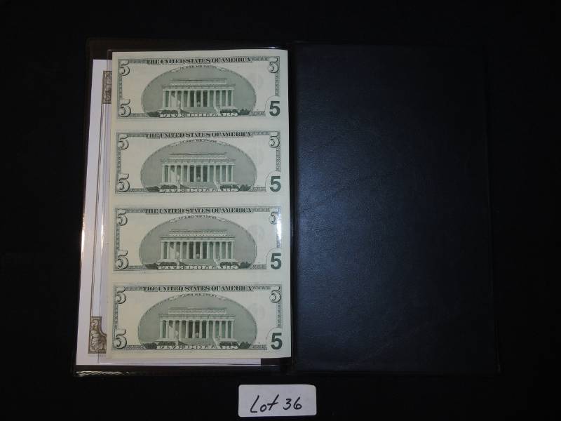 2006 US Government Uncut Sheets of $5 Bills SN HF 99978425A - A $20 Value at Least