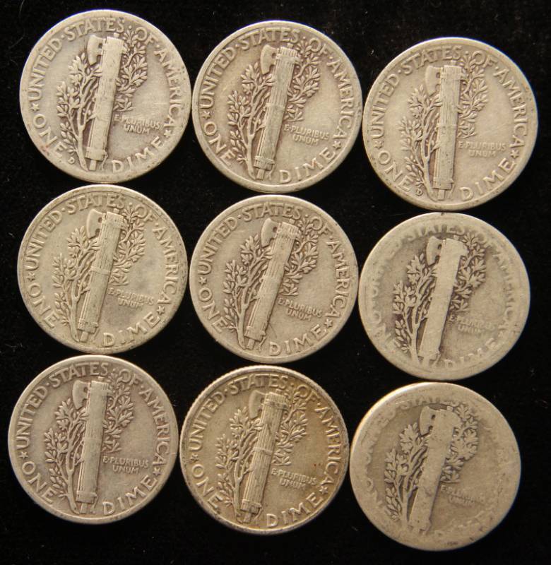 GROUP OF 9 MERCURY SILVER DIMES