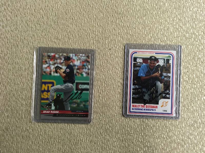 Autographed Brad Radke & Wally The Beerman Cards
