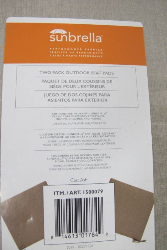 lot 155 image: 4 Pack of Sunbrella Outdoor Seat Pad Cushions in Cast Ash- NEW