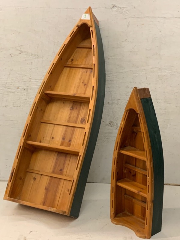 lot 3 image: (2) Wooden Canoe Display Shelves