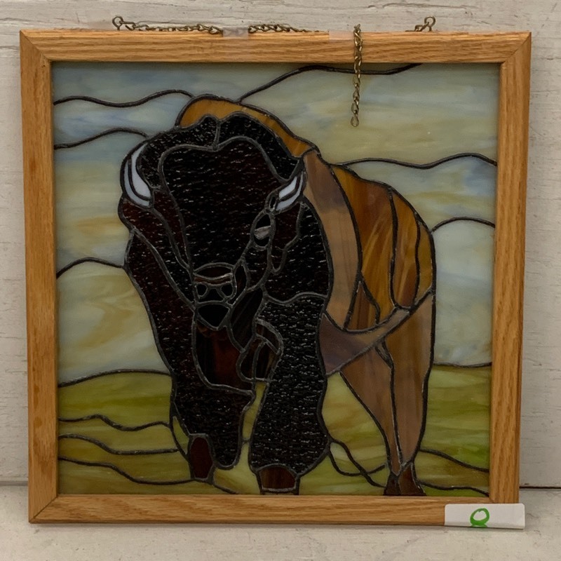 lot 8 image: Wood-Framed Stained Glass Buffalo
