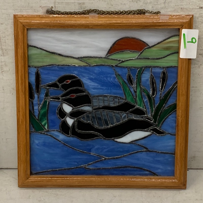 lot 9 image: Wood-Framed Stained Glass Loon
