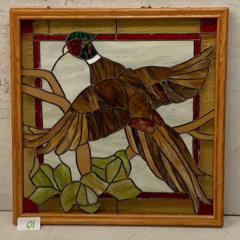 lot 10 image: Wood-Framed Stained Glass Pheasant