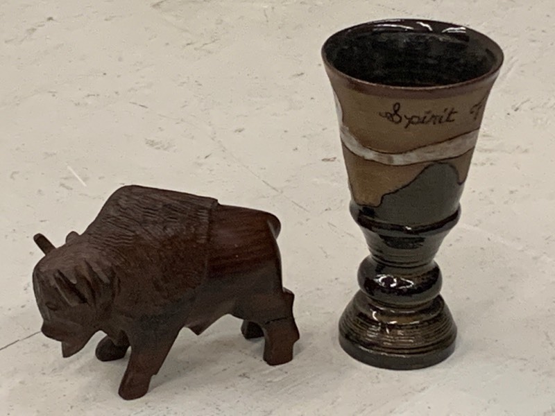 lot 68 image: (1) Buffalo Carving & (1) Glazed Wine Glass