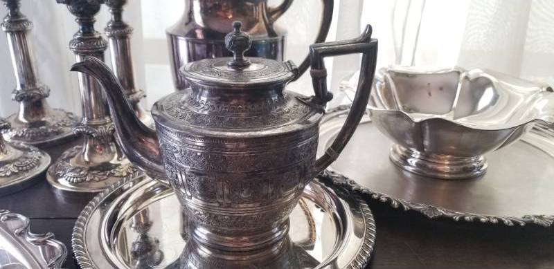 lot 9 image: Silverplate Collection  Trays, Candlesticks, Pitchers, Bowls  Lot of 23