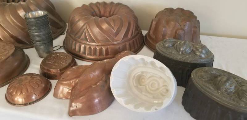 lot 37 image: Lot of 13 Old Antique Copper Jello Pudding Moulds and Tin Cups