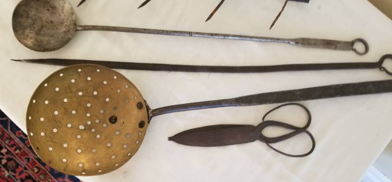 lot 36 image: Lot of Primitive Utensils, Swedish Copper Kettle and Candle Molds